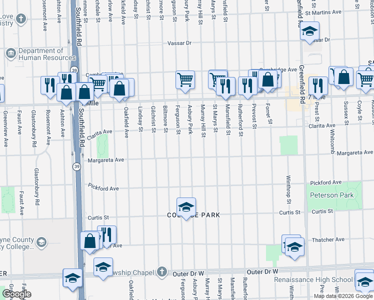 map of restaurants, bars, coffee shops, grocery stores, and more near 18661 Asbury Park in Detroit