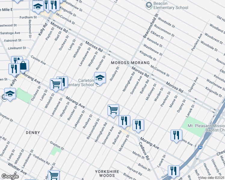 map of restaurants, bars, coffee shops, grocery stores, and more near 11800 Roxbury Street in Detroit