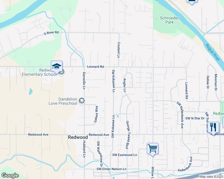 map of restaurants, bars, coffee shops, grocery stores, and more near 1146 Southwest Kokanee Lane in Grants Pass