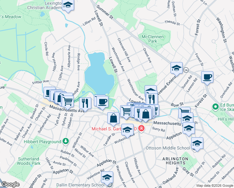 map of restaurants, bars, coffee shops, grocery stores, and more near 1 Colonial Village Drive in Arlington