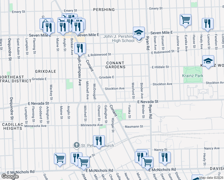 map of restaurants, bars, coffee shops, grocery stores, and more near 3501 Stockton Street in Detroit