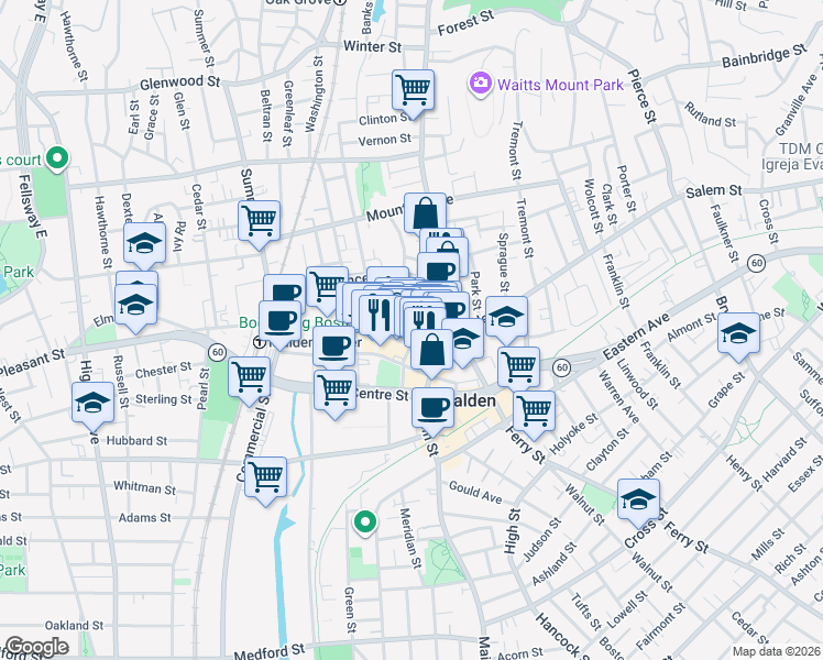 map of restaurants, bars, coffee shops, grocery stores, and more near 36 Dartmouth Street in Malden