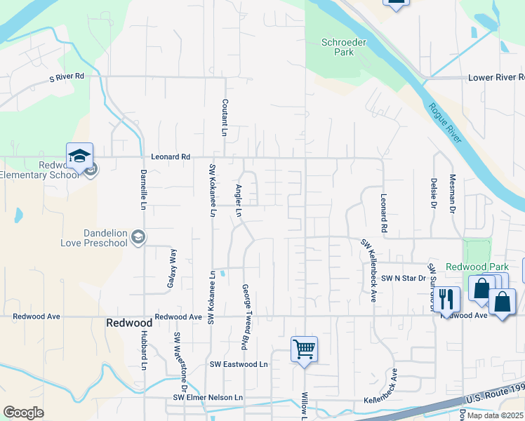 map of restaurants, bars, coffee shops, grocery stores, and more near 1090 Rainwood Lane in Grants Pass