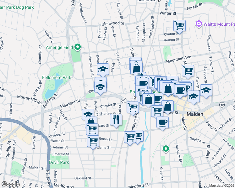map of restaurants, bars, coffee shops, grocery stores, and more near in Malden