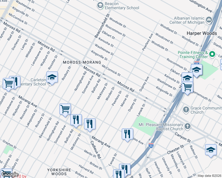map of restaurants, bars, coffee shops, grocery stores, and more near 11143 Worden Street in Detroit