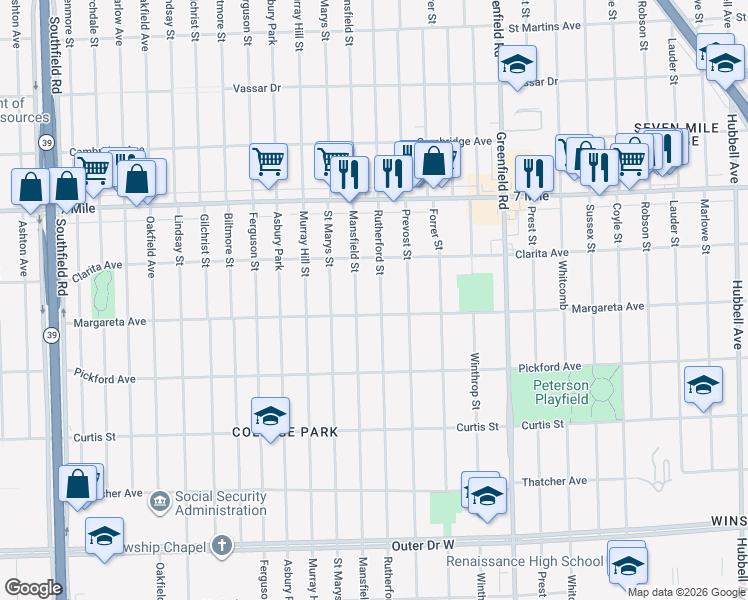 map of restaurants, bars, coffee shops, grocery stores, and more near 18650 Rutherford Street in Detroit