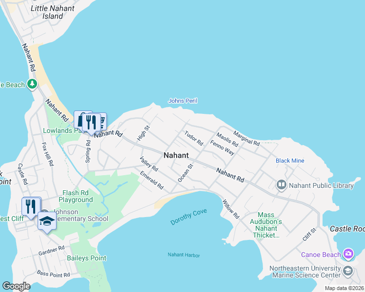 map of restaurants, bars, coffee shops, grocery stores, and more near 9 Pond Street Court in Nahant