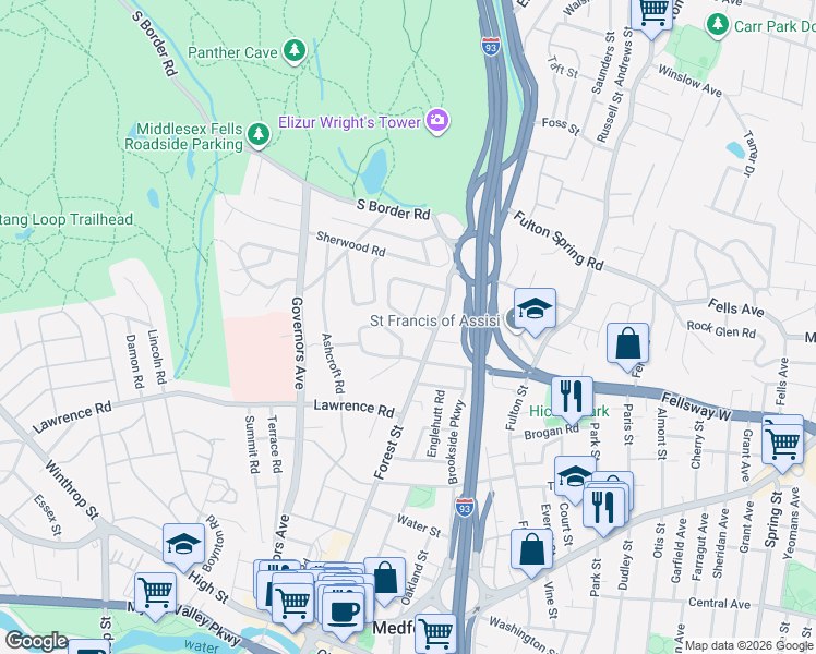 map of restaurants, bars, coffee shops, grocery stores, and more near 21 Roosevelt Road in Medford