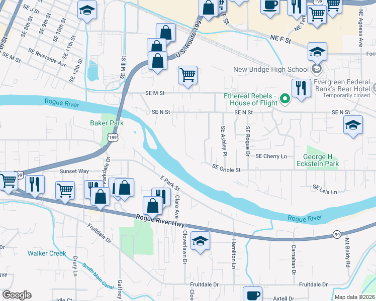 map of restaurants, bars, coffee shops, grocery stores, and more near 1071 Southeast Belle Aire Drive in Grants Pass