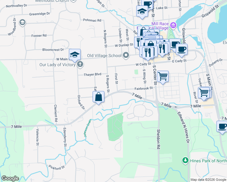 map of restaurants, bars, coffee shops, grocery stores, and more near 390 First Street in Northville
