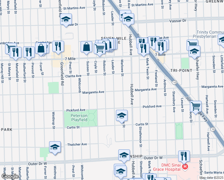 map of restaurants, bars, coffee shops, grocery stores, and more near 18605 Lauder Street in Detroit