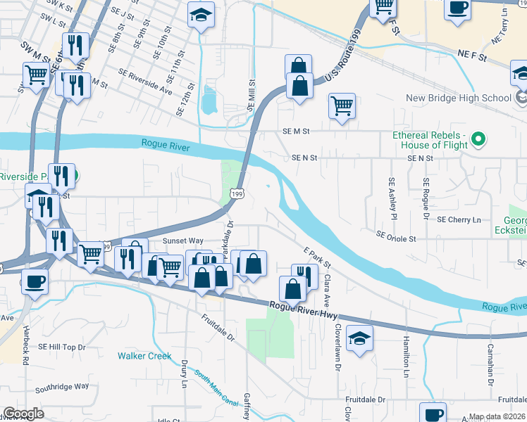 map of restaurants, bars, coffee shops, grocery stores, and more near 124 Southeast Gold River Lane in Grants Pass