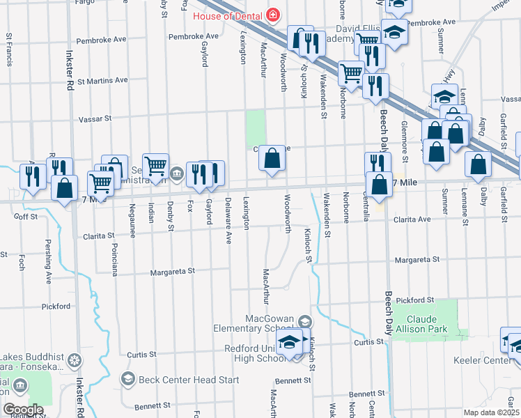 map of restaurants, bars, coffee shops, grocery stores, and more near 26341 West Seven Mile Road in Redford Charter Township