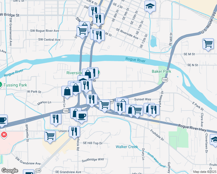 map of restaurants, bars, coffee shops, grocery stores, and more near 375 East Park Street in Grants Pass
