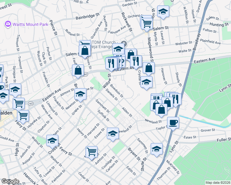map of restaurants, bars, coffee shops, grocery stores, and more near 20 Bowdoin Street in Malden