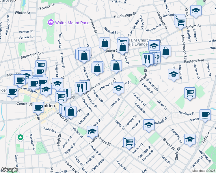 map of restaurants, bars, coffee shops, grocery stores, and more near 67 Almont Street in Malden