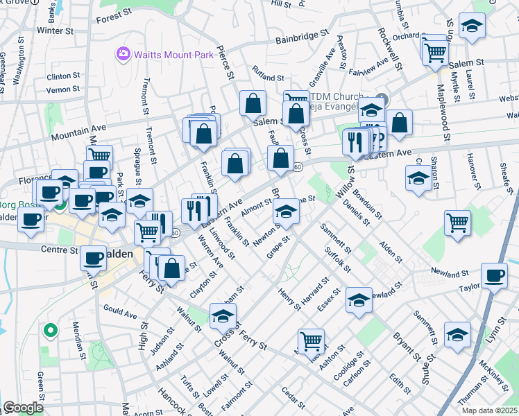 map of restaurants, bars, coffee shops, grocery stores, and more near 67 Almont Street in Malden