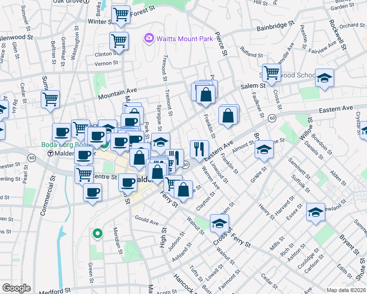 map of restaurants, bars, coffee shops, grocery stores, and more near 30 Albion Street in Malden