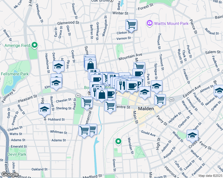 map of restaurants, bars, coffee shops, grocery stores, and more near 157 Pleasant Street in Malden
