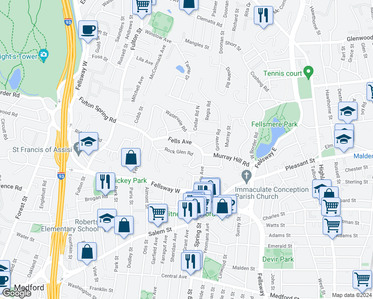 map of restaurants, bars, coffee shops, grocery stores, and more near 120 Fells Avenue in Medford