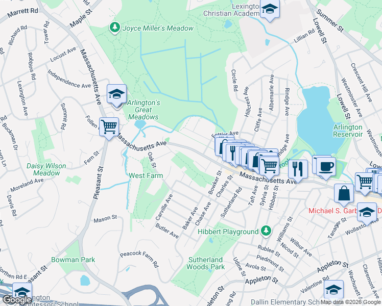 map of restaurants, bars, coffee shops, grocery stores, and more near 390 Massachusetts Avenue in Lexington