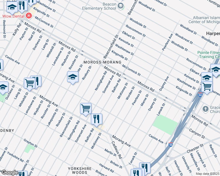 map of restaurants, bars, coffee shops, grocery stores, and more near 11569 Somerset Avenue in Detroit