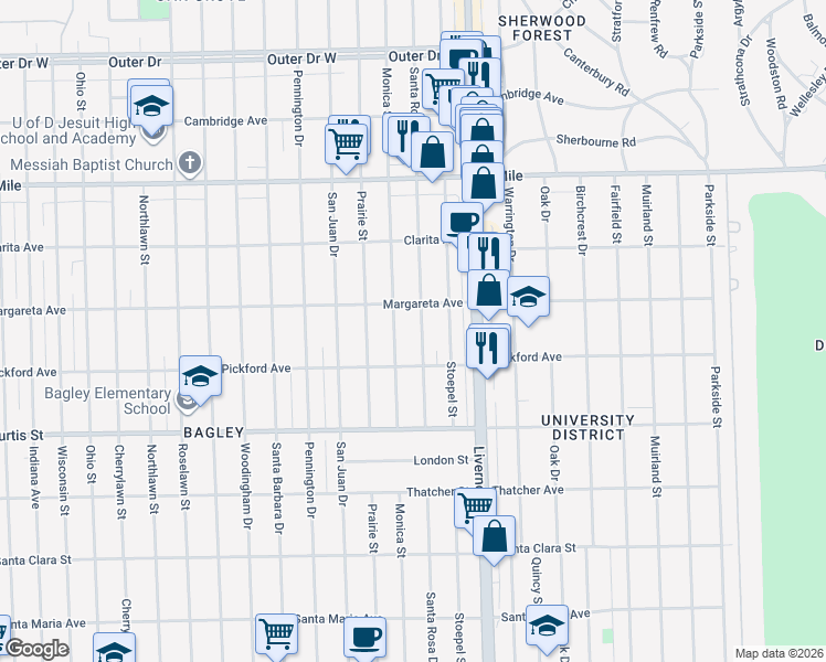 map of restaurants, bars, coffee shops, grocery stores, and more near 18491 Santa Rosa Drive in Detroit