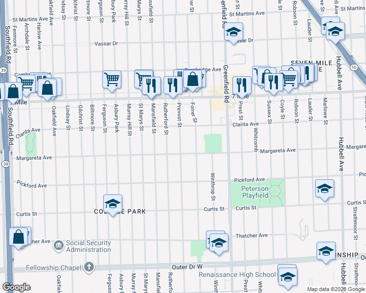 map of restaurants, bars, coffee shops, grocery stores, and more near 18648 Prevost Street in Detroit