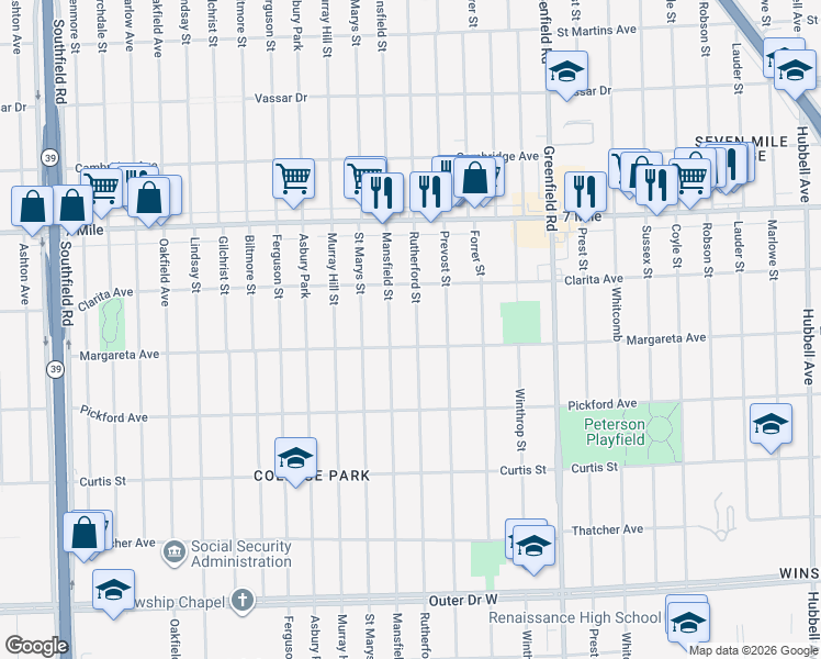 map of restaurants, bars, coffee shops, grocery stores, and more near 18650 Rutherford Street in Detroit