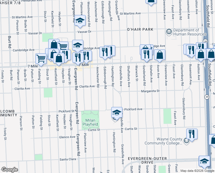 map of restaurants, bars, coffee shops, grocery stores, and more near 18909 Huntington Road in Detroit