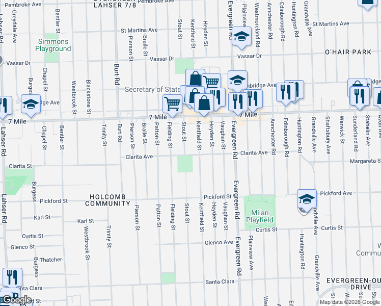 map of restaurants, bars, coffee shops, grocery stores, and more near 18922 Stout Street in Detroit