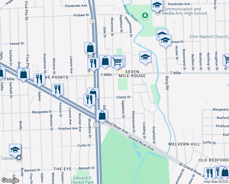 map of restaurants, bars, coffee shops, grocery stores, and more near 18961 Riverview Street in Detroit