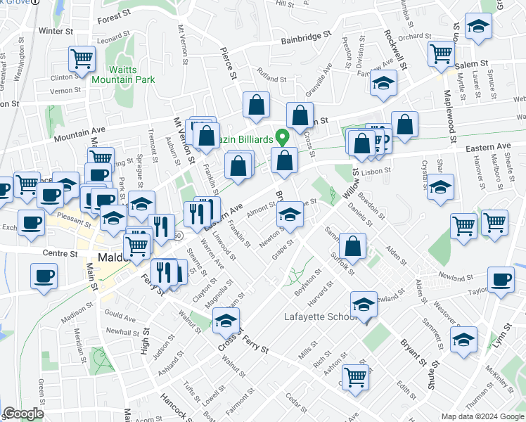 map of restaurants, bars, coffee shops, grocery stores, and more near 45 Almont Street in Malden