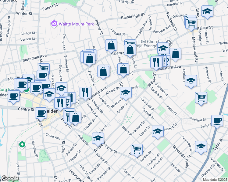 map of restaurants, bars, coffee shops, grocery stores, and more near 45 Almont Street in Malden