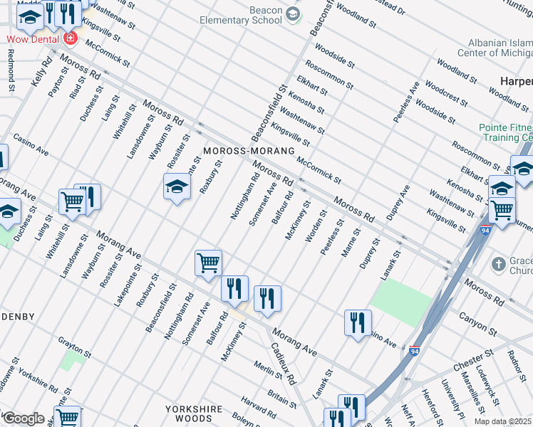 map of restaurants, bars, coffee shops, grocery stores, and more near 11569 Somerset Avenue in Detroit