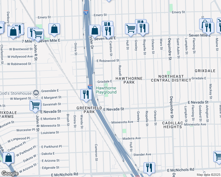 map of restaurants, bars, coffee shops, grocery stores, and more near 18157 Cardoni Street in Highland Park