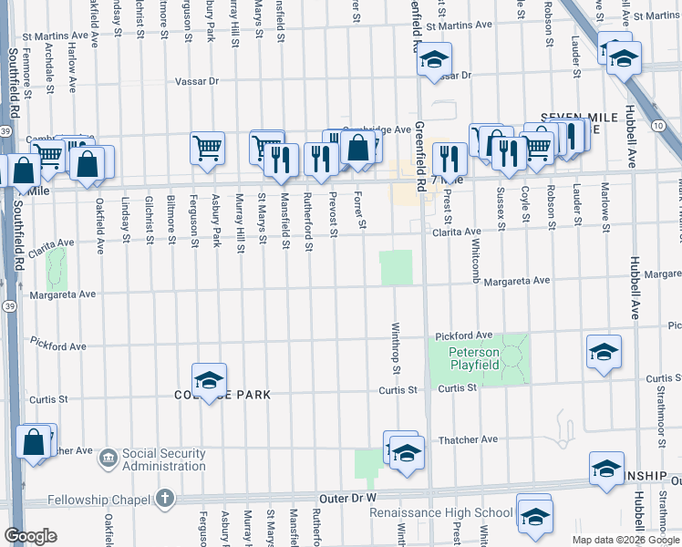 map of restaurants, bars, coffee shops, grocery stores, and more near 18648 Prevost Street in Detroit
