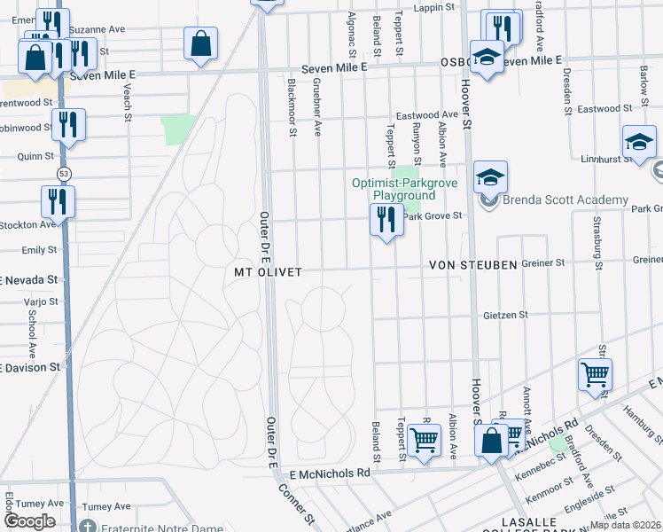 map of restaurants, bars, coffee shops, grocery stores, and more near 18024 Gruebner Avenue in Detroit