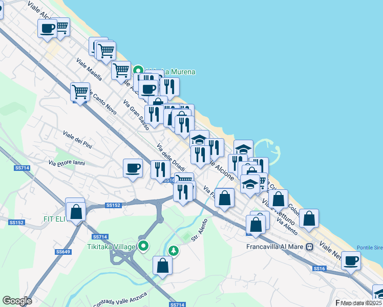 map of restaurants, bars, coffee shops, grocery stores, and more near Viale Alcione in Francavilla Al Mare