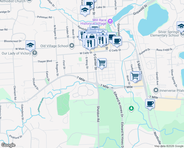 map of restaurants, bars, coffee shops, grocery stores, and more near 383 South Wing Street in Northville