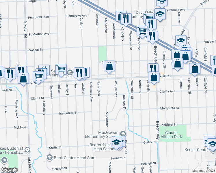 map of restaurants, bars, coffee shops, grocery stores, and more near 26341 West Seven Mile Road in Redford Charter Township