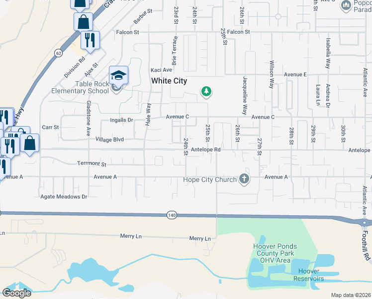 map of restaurants, bars, coffee shops, grocery stores, and more near Antelope Road in Jackson County