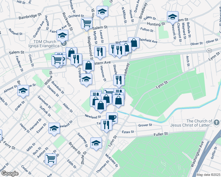 map of restaurants, bars, coffee shops, grocery stores, and more near 33 Lodgen Court in Malden