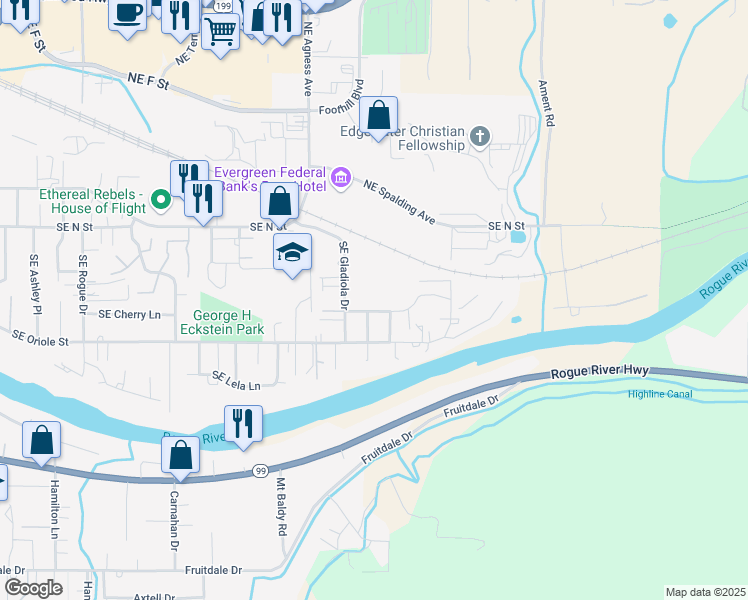 map of restaurants, bars, coffee shops, grocery stores, and more near 1137 Southeast Gladiola Drive in Grants Pass