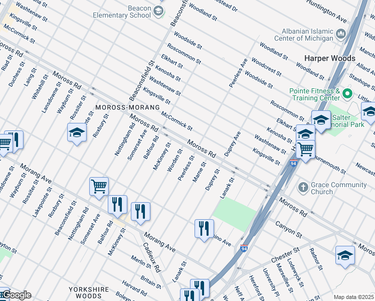 map of restaurants, bars, coffee shops, grocery stores, and more near 20110 Moross Road in Detroit