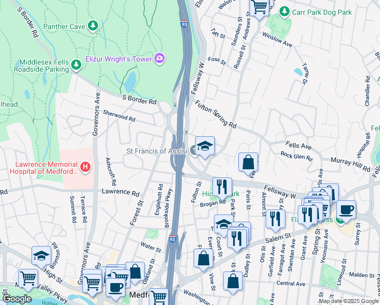 map of restaurants, bars, coffee shops, grocery stores, and more near 463 Fellsway West in Medford