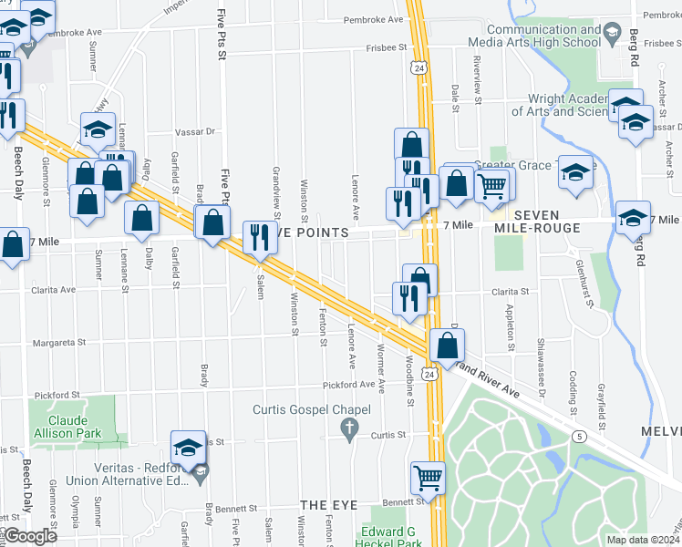 map of restaurants, bars, coffee shops, grocery stores, and more near 18955 Lenore Avenue in Detroit
