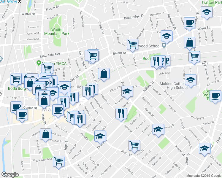map of restaurants, bars, coffee shops, grocery stores, and more near 38 Almont Street in Malden