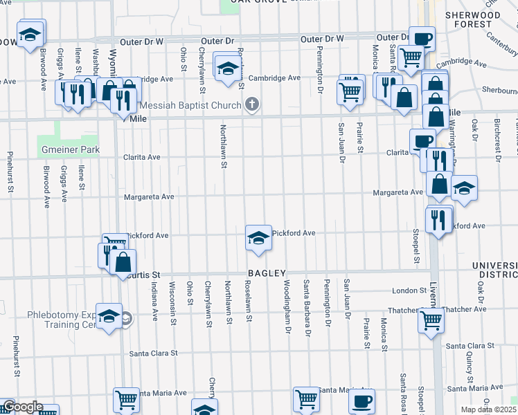 map of restaurants, bars, coffee shops, grocery stores, and more near 18483 Greenlawn Street in Detroit