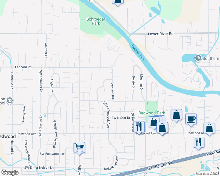 map of restaurants, bars, coffee shops, grocery stores, and more near 1712 Leonard Road in Grants Pass